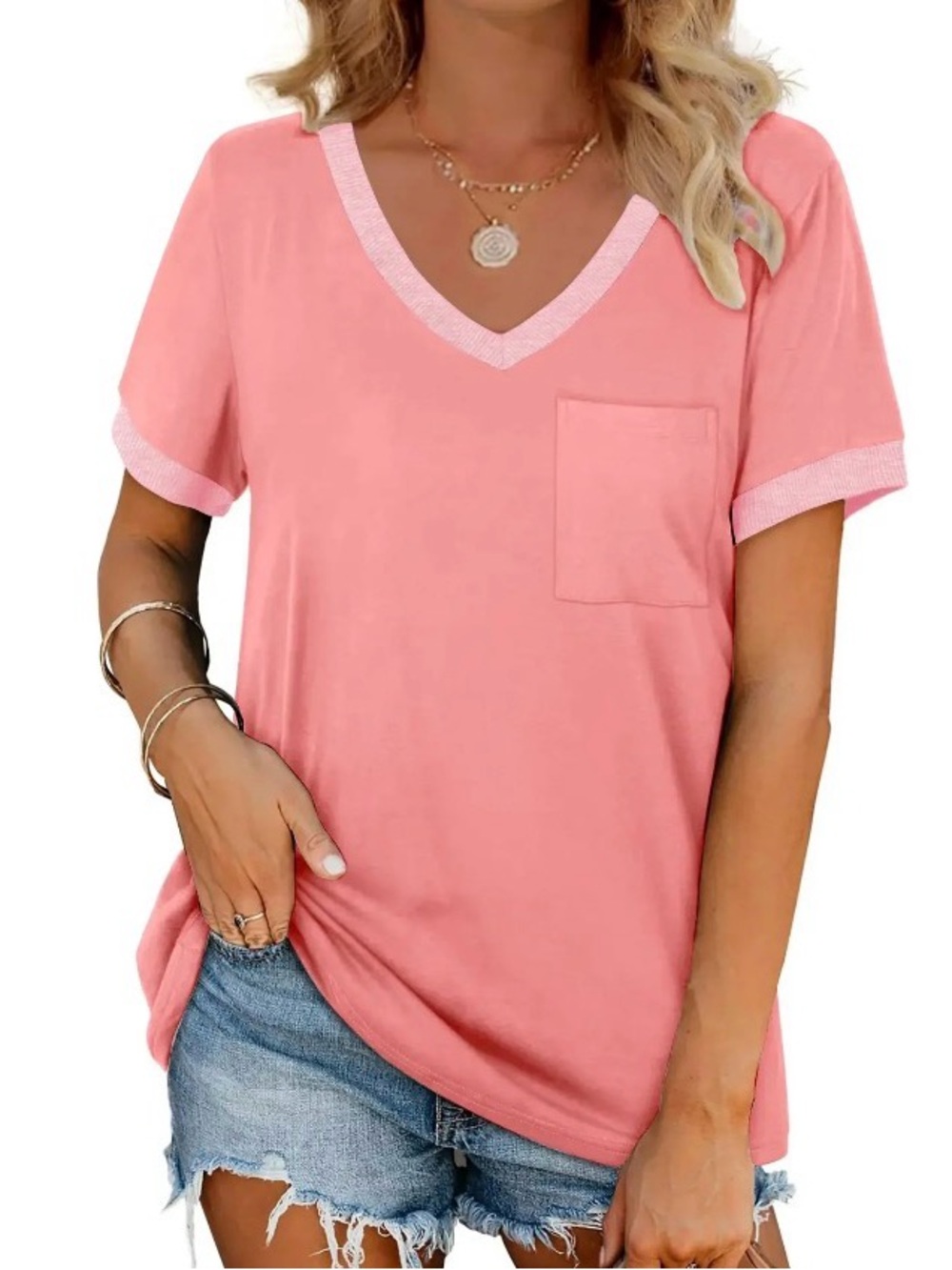 V Neck Pink Short Sleeve Casual Top Large